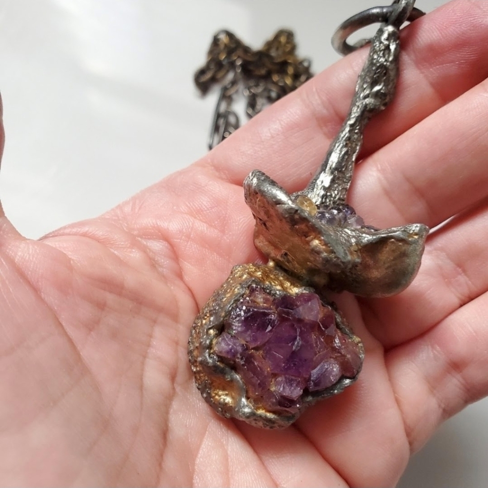Vintage Brutalist Pewter and Amethyst Necklace - Picture 3 of 6